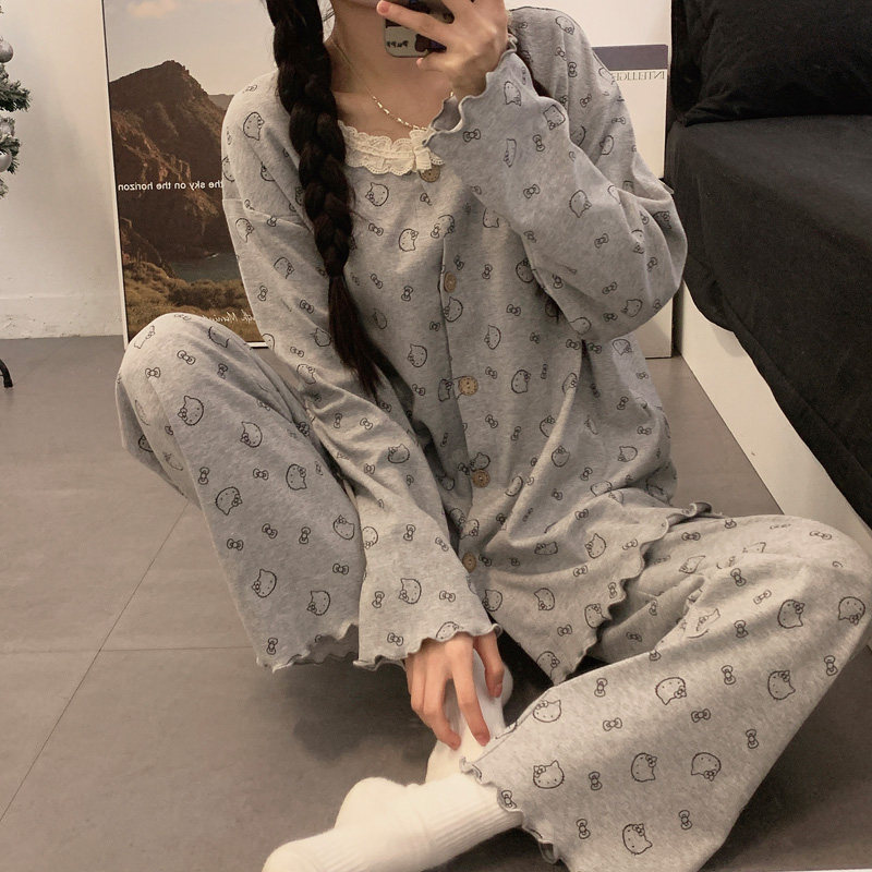 纯棉夏季薄款月子服带胸垫哺乳卡通凯迪猫怀孕期待产喂奶孕妇睡衣