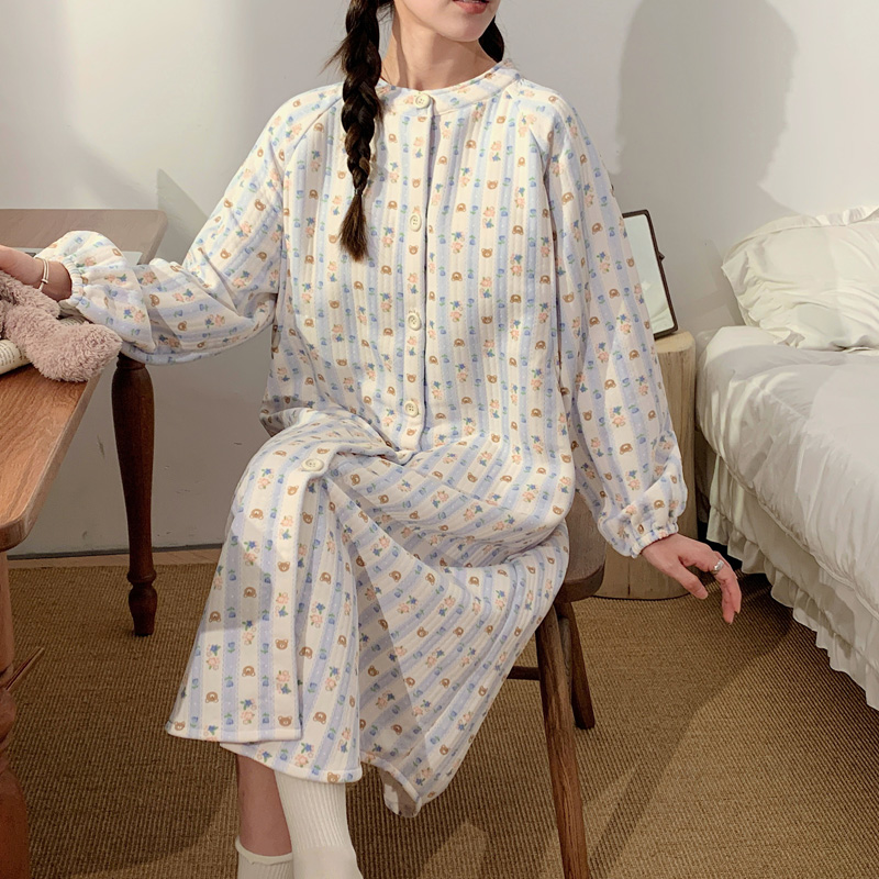 待产裙孕妇带胸垫春秋喂奶哺乳睡裙秋冬季空气棉孕期加裤子月子服