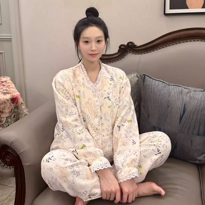 空气棉带胸垫月子服秋冬季大码产后孕妇哺乳睡衣纯棉加厚夹层套装