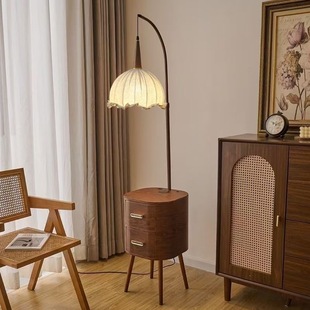 中古风抽屉落地灯客厅沙发旁实木茶几灯卧室床头柜一体复古落地灯