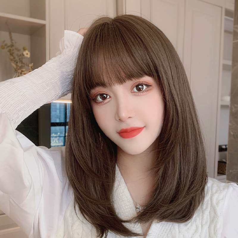 假发女中长发法式空气刘海内扣中长发网红圆脸自然锁骨发全头套式