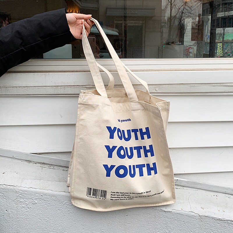 YOUTH字母印花帆布单肩包日韩ins网红新款大容量收纳购物手提袋