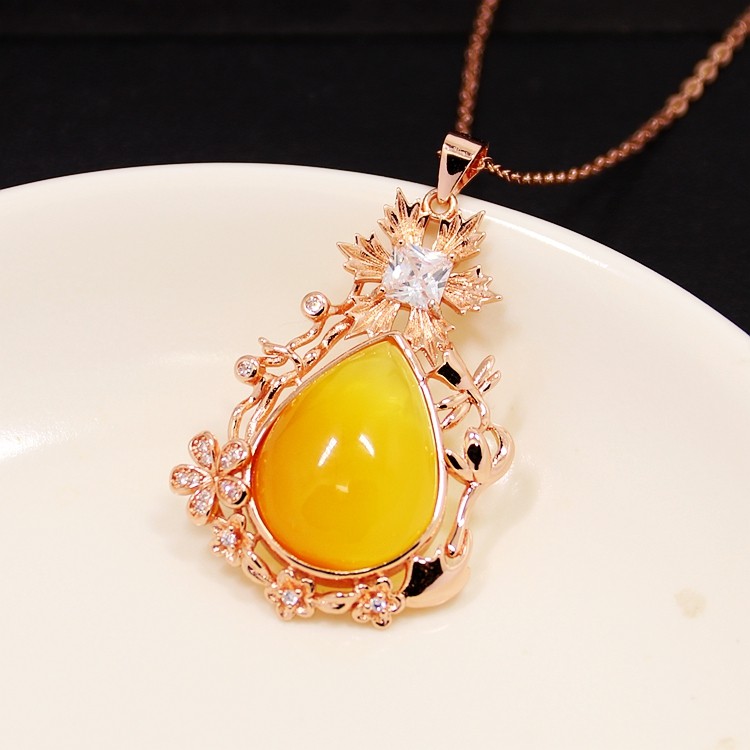 S925纯银吊坠空托时尚轻奢女款水滴DIY蜜蜡松石琥珀玉石镶嵌15*20