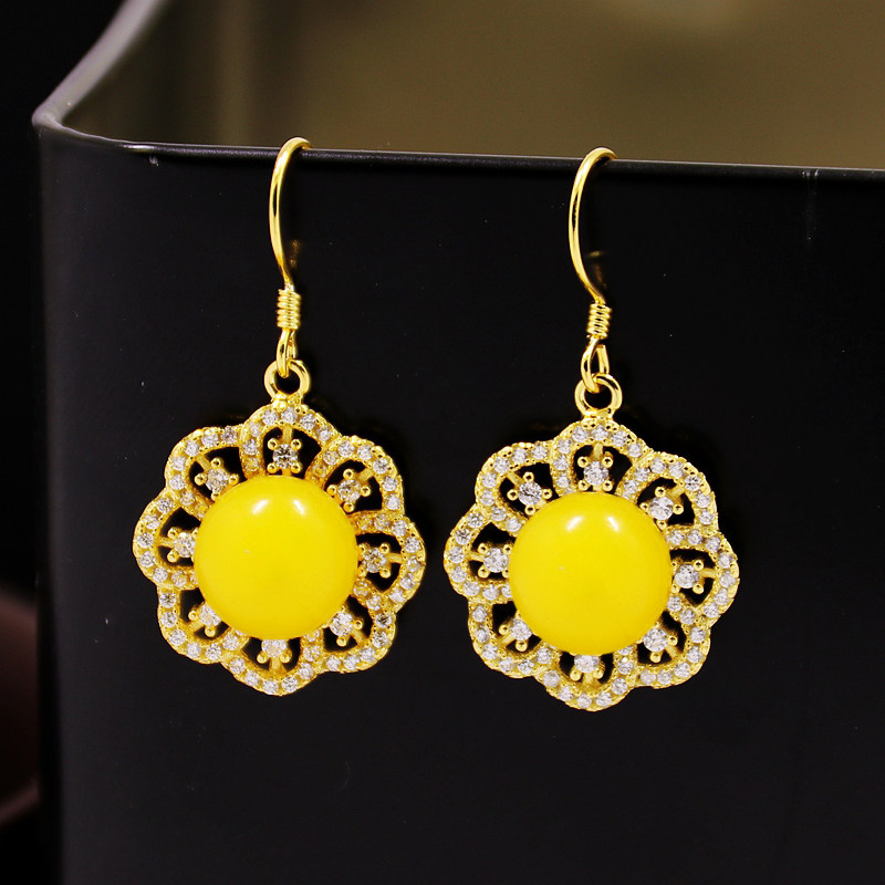 diy纯银满钻蜜蜡玉石镶嵌耳坠