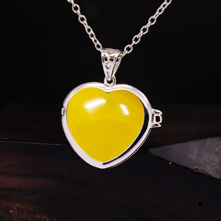 S925纯银吊坠空托嘎乌盒男女款心形DIY蜜蜡松石琥珀玉石镶嵌16*18