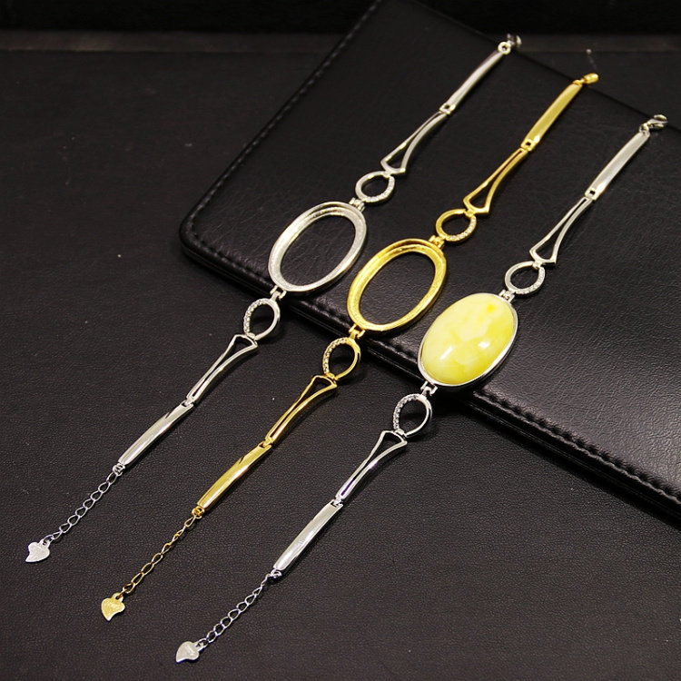 S925纯银手链手镯空托时尚欧款女士DIY蜜蜡松石琥珀玉石镶嵌18*28