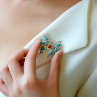 S925纯银胸针空托时尚女款蝶恋多石位DIY蜜蜡松石玉石镶嵌3*4 4*6