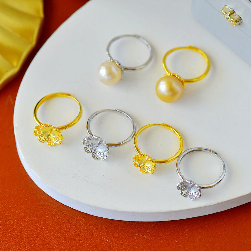 纯银戒指空托时尚珍珠翡翠镶嵌