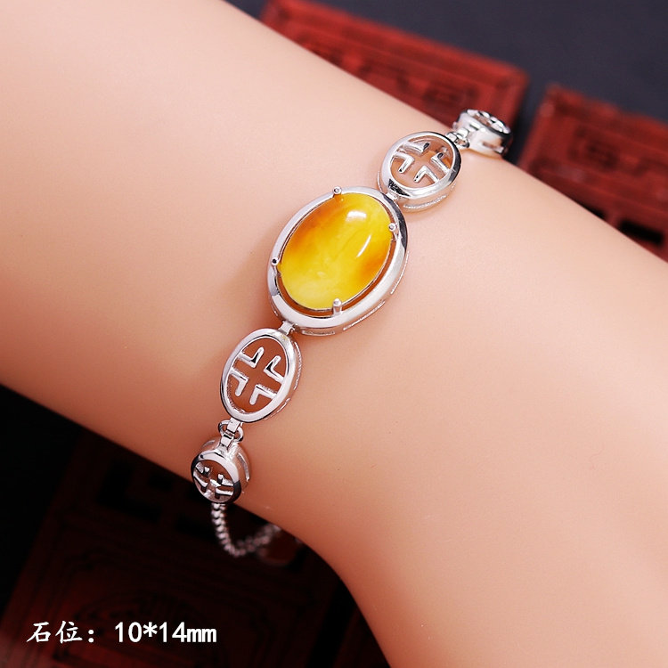 S925纯银手链空托时尚女款四爪镶嵌DIY蜜蜡松石琥珀宝石定制10*14