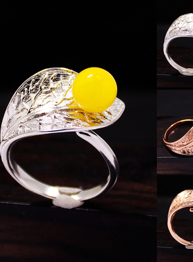 大业纯银蜜蜡蓝珀镶嵌戒指空托