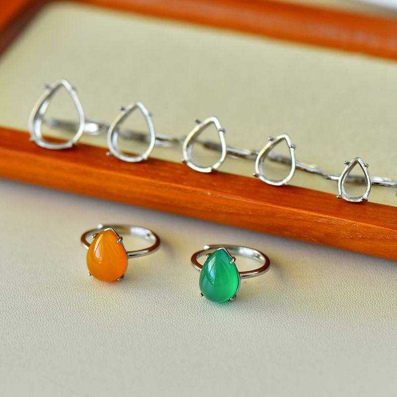 男女款S925纯银水滴镶嵌戒指空托