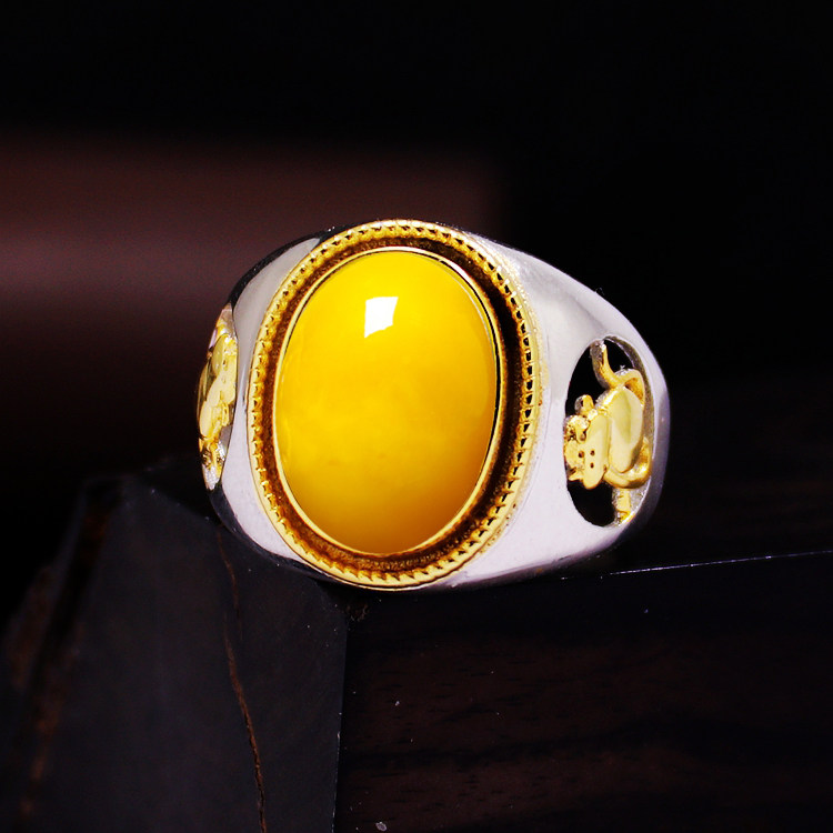 S925纯银戒指空托时尚男款电镀分色生肖猴DIY蜜蜡松石镶嵌10*13.5