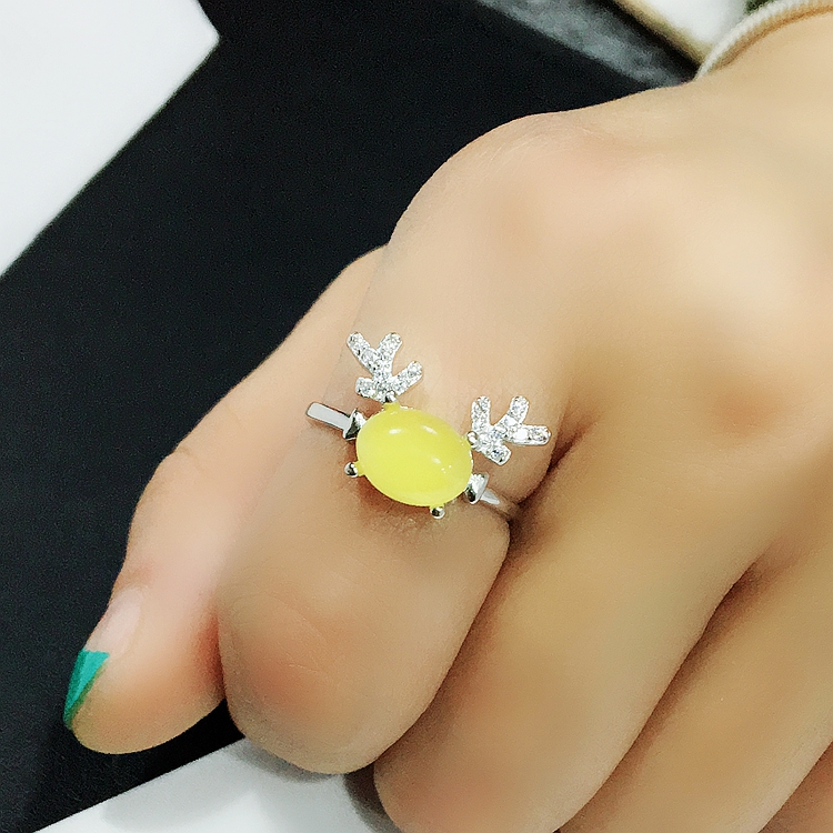 S925纯银戒指空托时尚女款小鹿生财有鹿DIY蜜蜡松石琥珀镶嵌托7*9