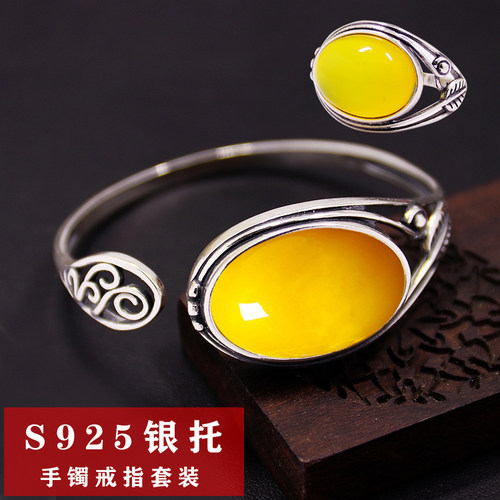 纯银戒指空托复古玉石镶嵌S925