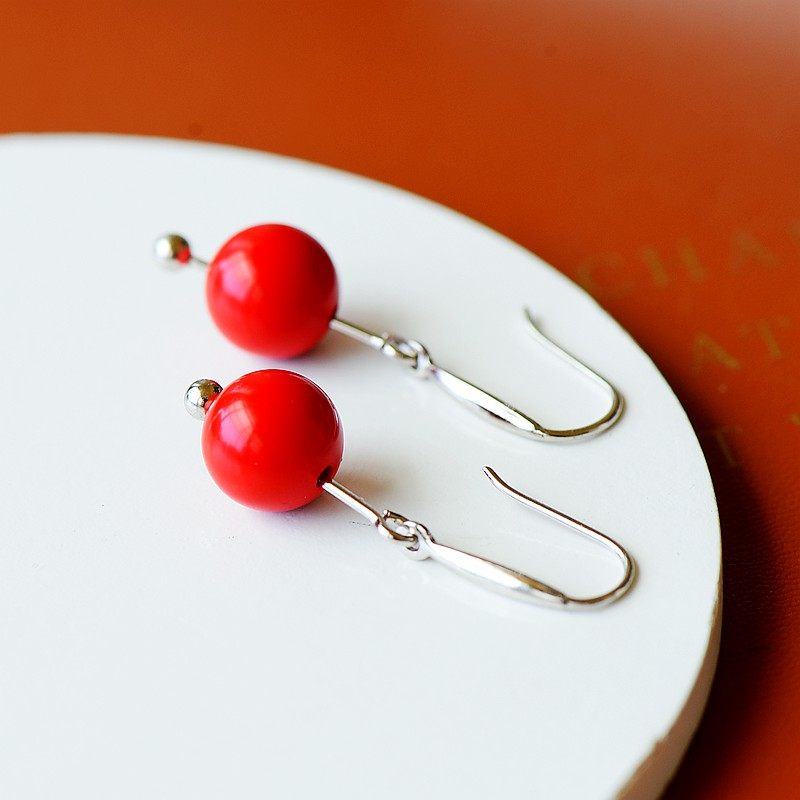 S925纯银耳坠空托女款圆珠通孔螺丝免粘胶DIY蜜蜡松石玉石镶嵌托