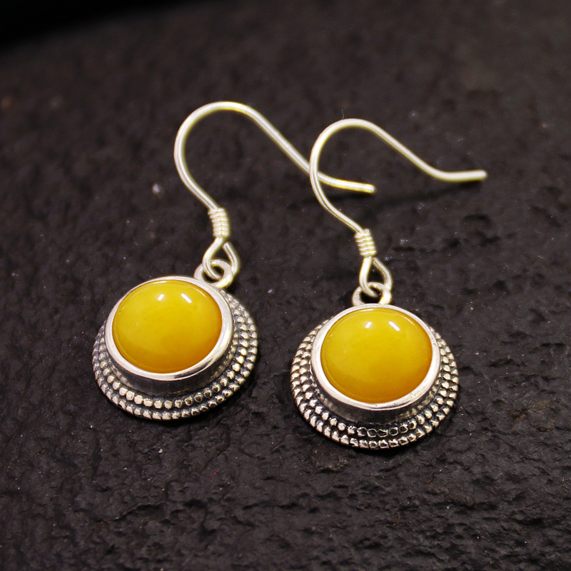 S925纯银耳坠耳饰配件空托复古女款圆形DIY蜜蜡松石玉石镶嵌托8*8