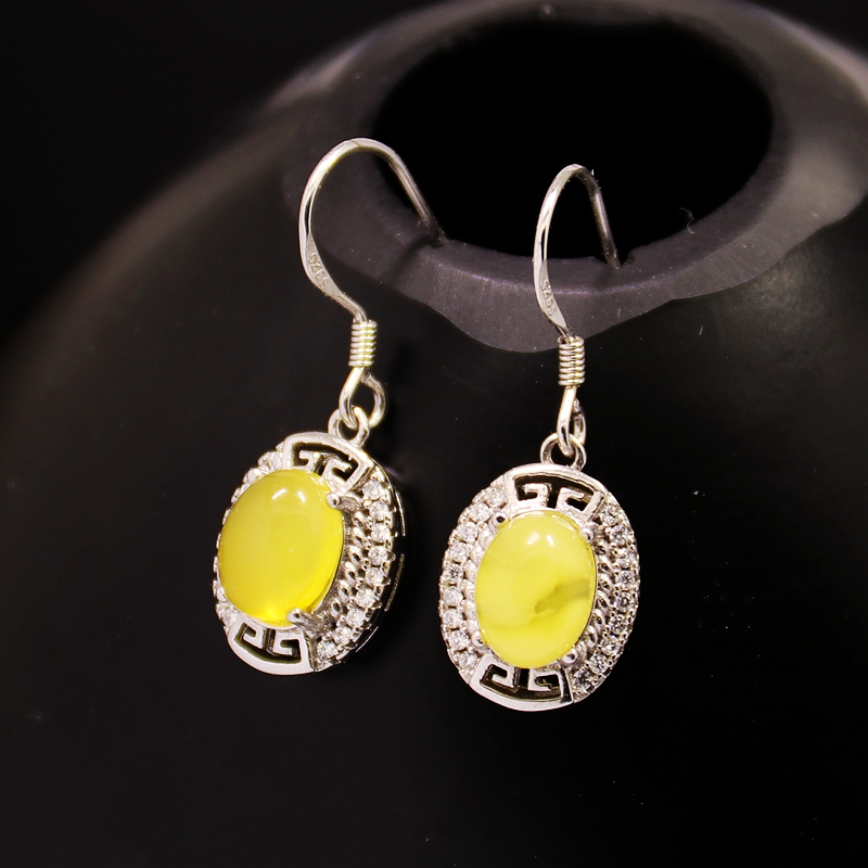 S925纯银耳坠耳吊空托时尚女款四爪DIY蜜蜡松石玉石宝石镶嵌托6*8