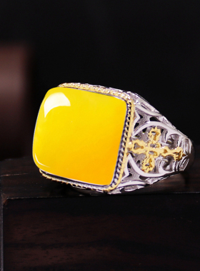 纯银戒指空托方形琥珀镶嵌S925