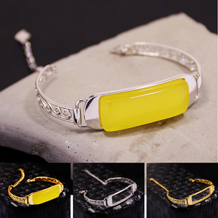 S925纯银手镯手链空托时尚女款方形弧面DIY蜜蜡松石南红镶嵌12*31