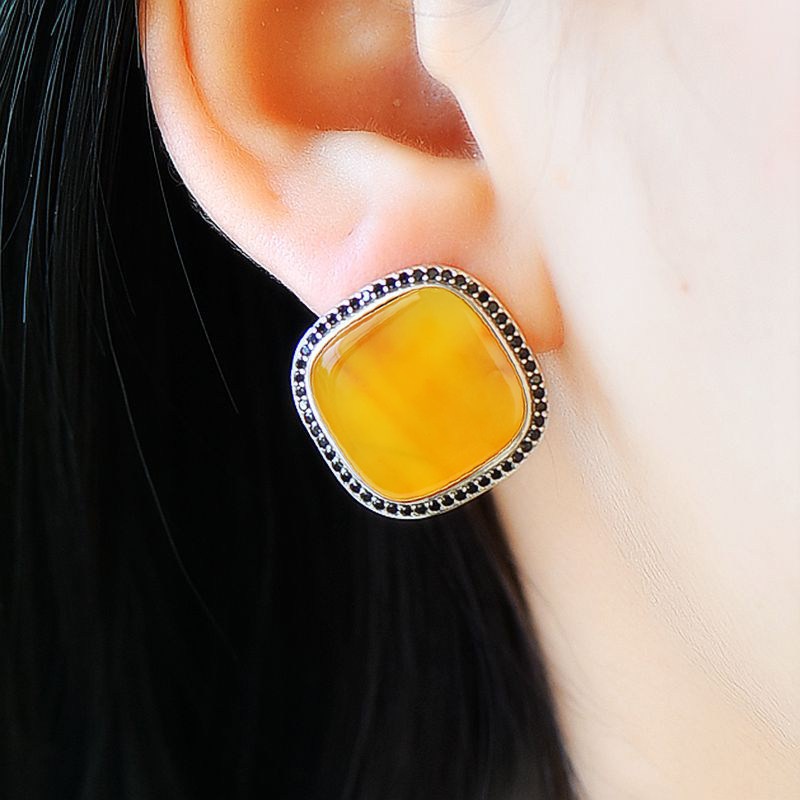 S925纯银耳钉空托复古女款圆角方形DIY蜜蜡松石琥珀玉石镶嵌14*14