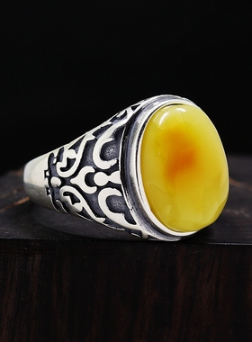 纯银戒指空托男款S925DIY蜜蜡