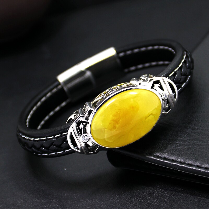 S925纯银皮绳手镯空托男女封底DIY蜜蜡松石琥珀玉石镶嵌底托20*30