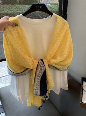 拼色棉麻围巾披肩两用夏季新款流苏薄丝巾女户外旅游防晒大沙滩巾