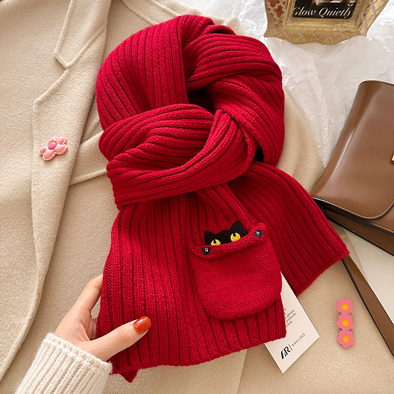 2025新款口袋刺绣猫咪针织围巾女秋冬季保暖个性学生围脖新年红色