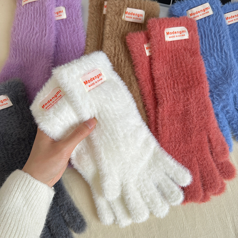 2025新款毛线手套女冬季韩版纯色分指可露指触屏保暖防寒手套骑行