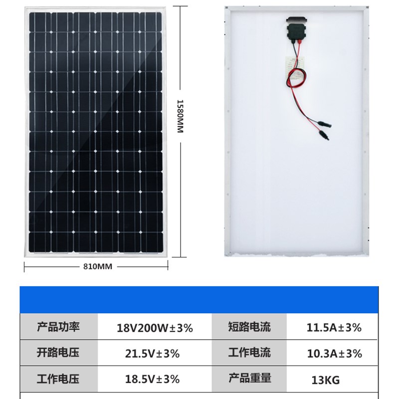 厂家直销b18V/36V/200W单晶硅光伏板太阳能光伏发电板可充24V电池
