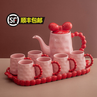 红色备婚杯子套装 家用待客陶瓷泡茶壶茶杯乔迁新婚礼物水杯水具