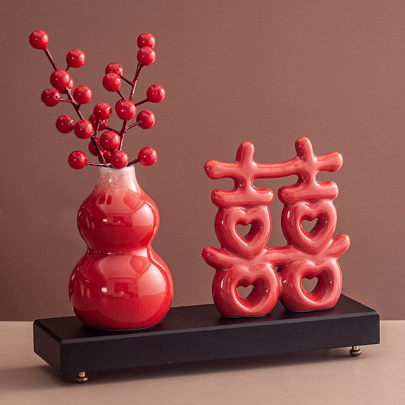 红色喜庆双喜花瓶客厅桌面摆件新婚婚房床头柜婚庆场景布置装饰品,家居饰品,桌面摆件,淘宝优惠券,粉丝福利购,淘宝优惠卷