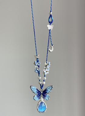 蓝色蝴蝶水晶吊坠项链