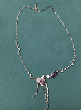 紫色锆石褶皱金属爱心链条项链