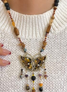 鹿妮民族风彩色串珠蝴蝶流苏项链