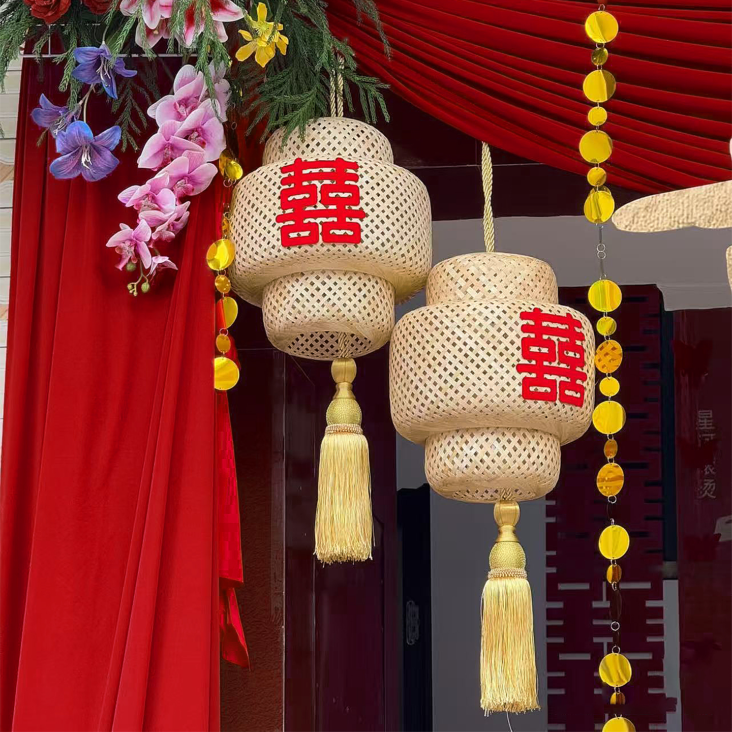 禅意喜字竹编灯笼灯罩婚庆道具装饰新中式汉服古风婚纱拍摄影道具