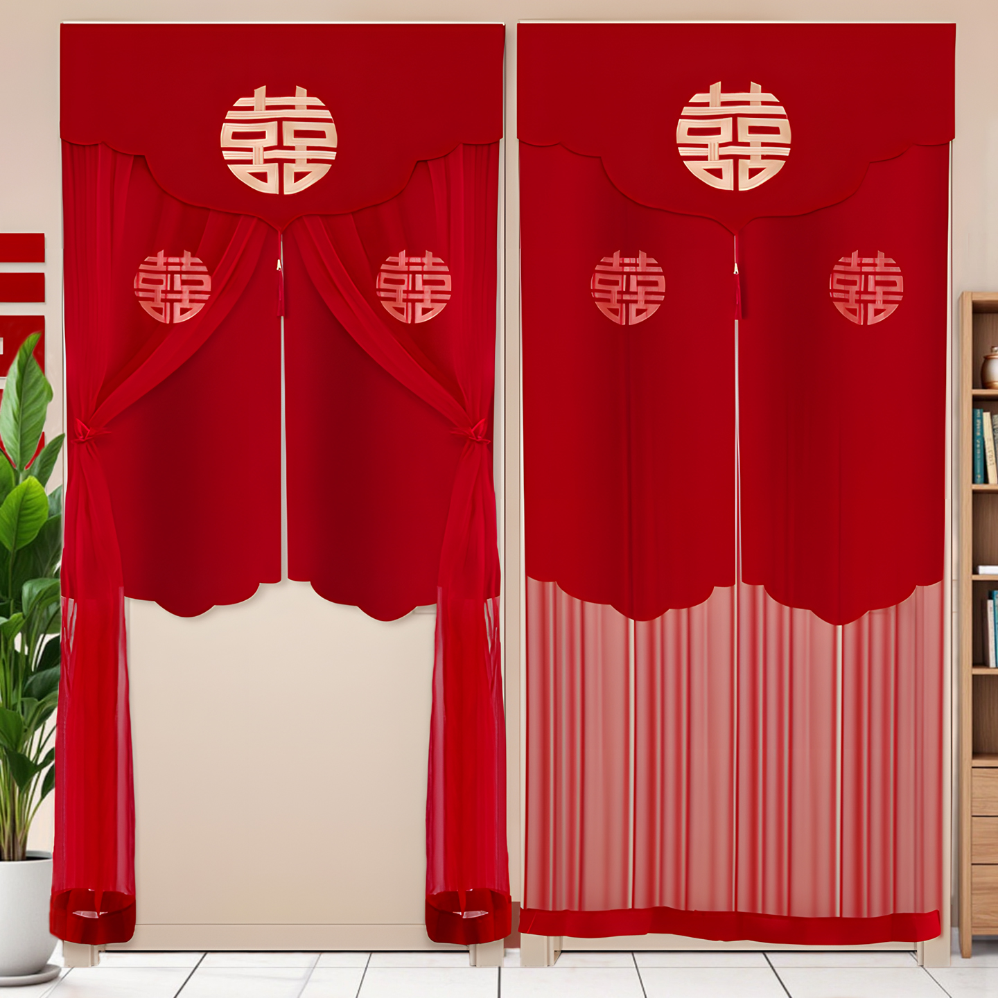 结婚红门帘婚房中式新娘女方陪嫁网纱挂帘卧室隔断免打孔婚庆布置