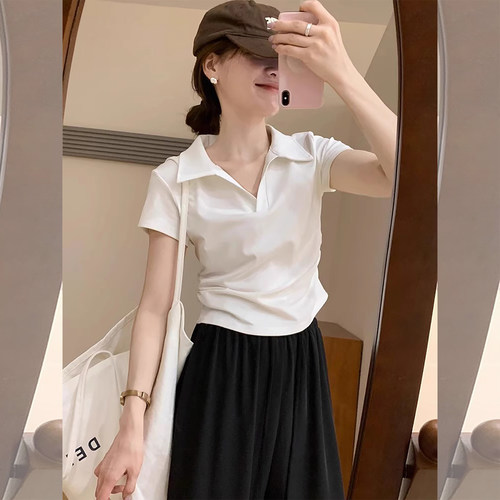 白色polo衫短袖t恤女夏2026新款修身收腰感小众翻领短款上衣0531r