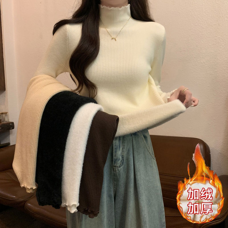 秋冬季加绒加厚打底衫女内搭木耳边洋气一体绒毛衣针织衫高1210n