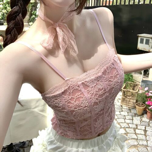 蕾丝围脖吊带背心瘦腰紧身鱼骨美背新款纯欲绑带设计打底上衣