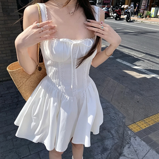 140克四面弹+内里+打揽一【春日小白裙】吊带连衣裙新款收腰初恋