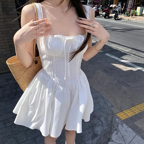 140克四面弹+内里+打揽一【春日小白裙】吊带连衣裙新款收腰初恋