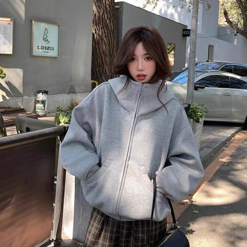 2470# alex stevens灰色连帽开衫拉链卫衣外套女新款加厚宽松上衣