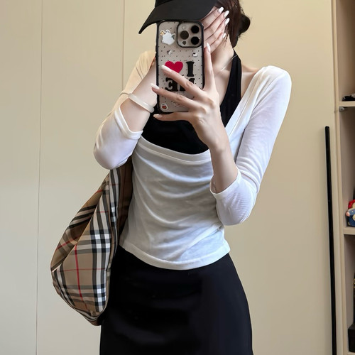 早秋叠穿挂脖吊带背心修身上衣两件套美式辣妹风U领微透中袖t恤女