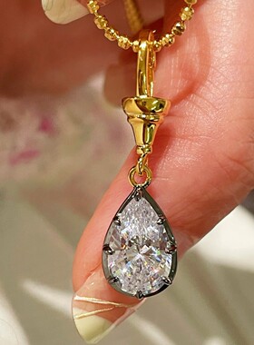 925银镀18K金枪黑水滴形项链轻奢高级感新款简约镶钻设计吊坠项链