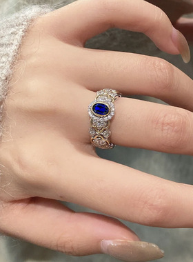 辉之翼珠宝新款S925银布家法式浪漫4*6mm仿真皇家蓝宝石戒指环女