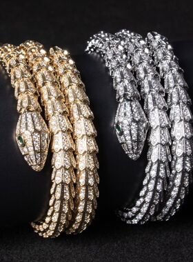 灵蛇形手镯女生高级感蛇骨手镯双层单层开口可调节镶钻锆石手饰品