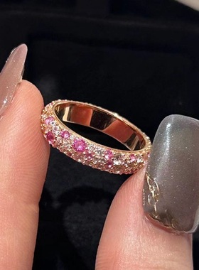 S925纯银镀玫瑰金色红刚玉粉钻密镶叠戴戒指渐变粉红钻戒优雅轻奢