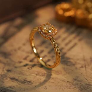 18k方糖戒指au750彩金实心指环镶嵌黄水晶麻花设计食指对戒女