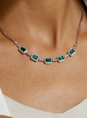 跨境新款培育祖母绿锁骨链女S925银镶嵌彩宝满钻项链欧美轻奢复古